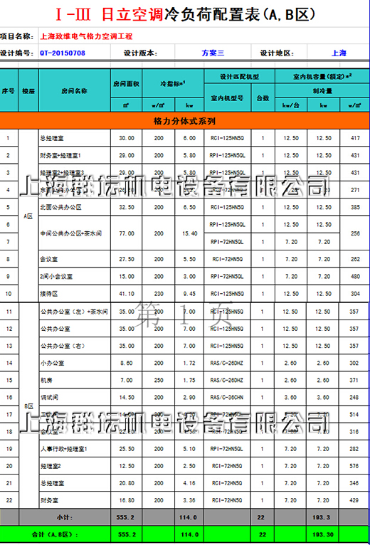 上海致維電氣日立空調配置表